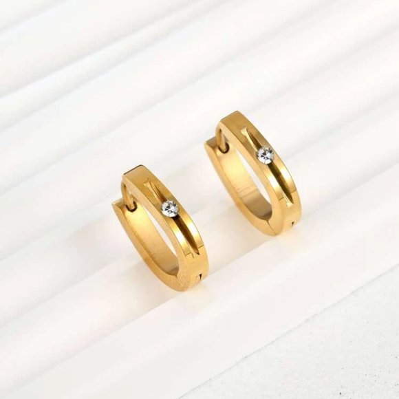 Stainless Steel Hoop Earring Gold Oval Rhinestone Women - Picture 2 of 4